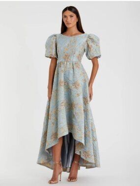 NEW MAC DUGGAL 11608 Brocade Puff Sleeve Hi Lo Dusty Blue Platinum Gold Dress